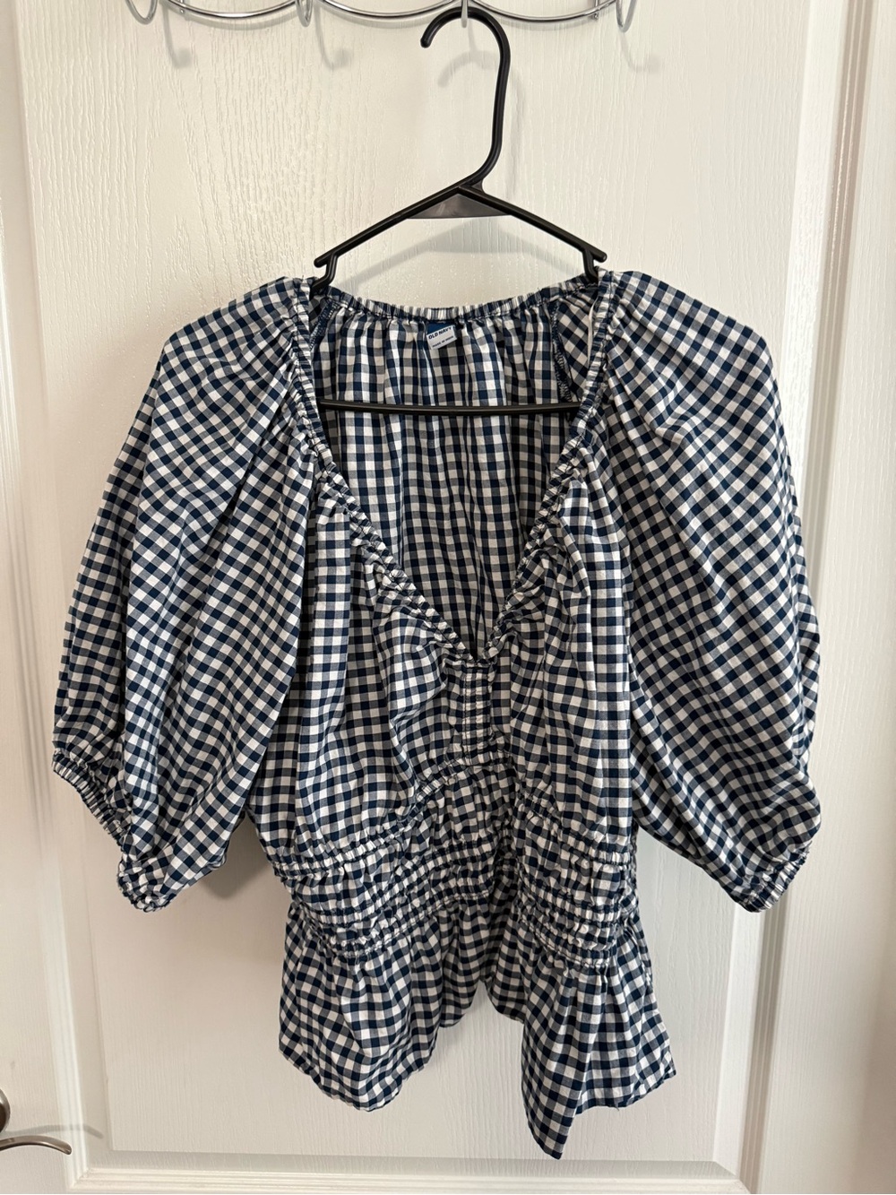 Old Navy Navy and White Gingham Puff-Sleeve Peplum Blouse